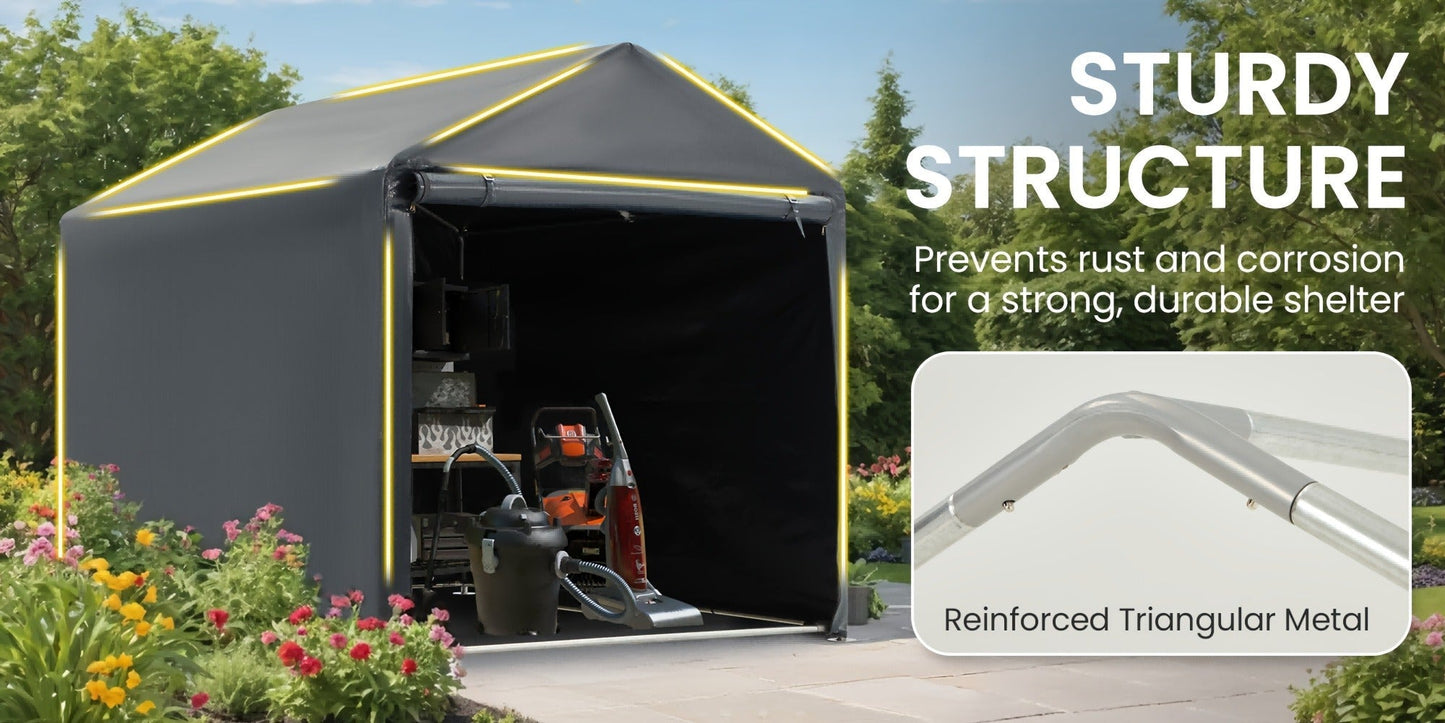 Portable PE-Tarpaulin Outdoor Storage Shelter with Steel Frame in 5 x 7.2 Ft or 6.3 x 8 Ft Sizes