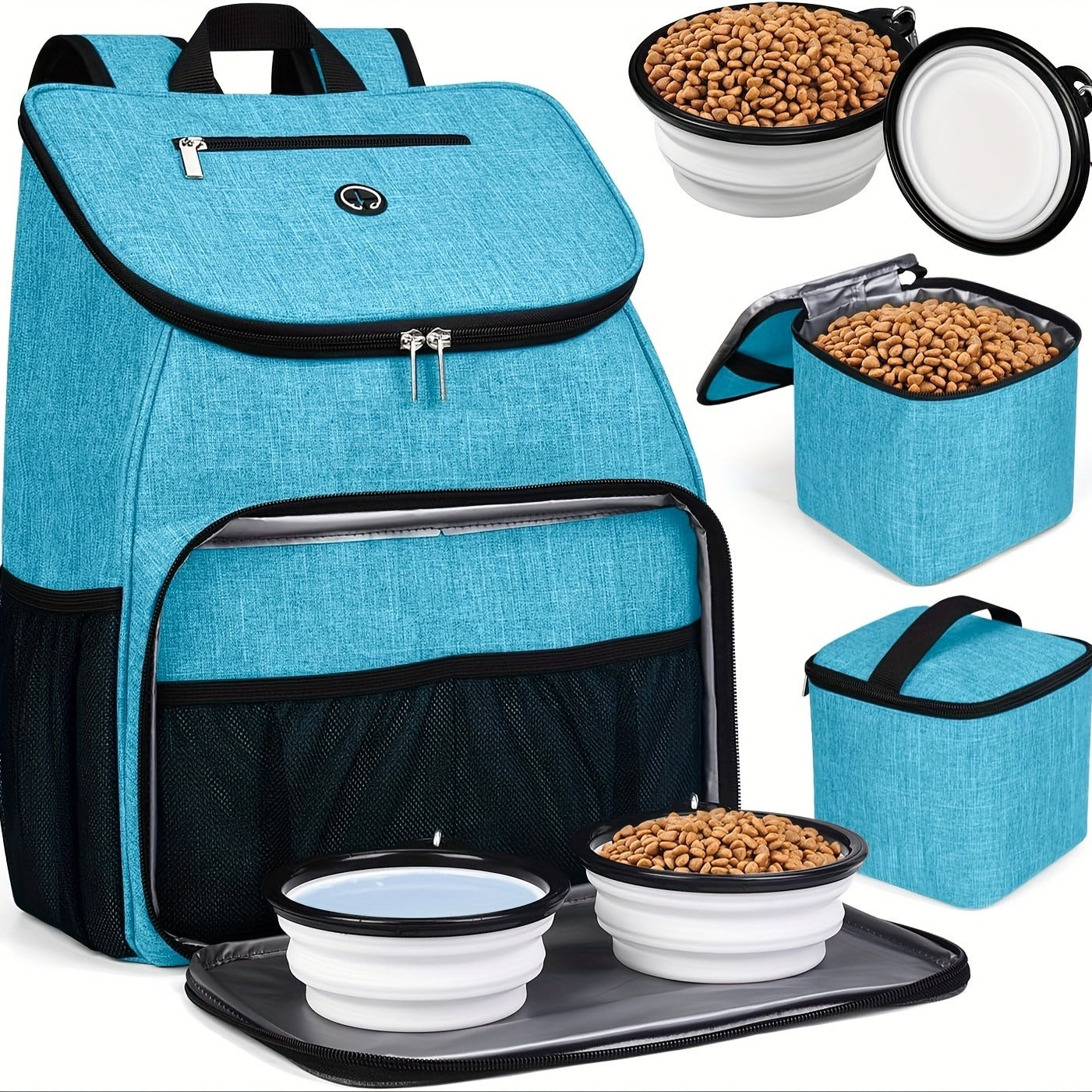 Pet Travel Backpack Double Layer Dog Cat Supplies Bag with 2 Collapsible Bowls 2 Food Baskets Portable Organizer for Outdoor Hiking Camping