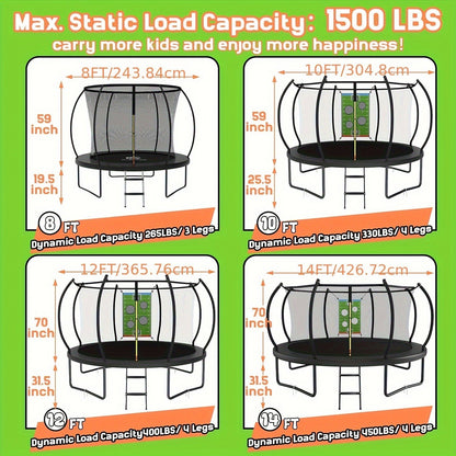 Outdoor Trampoline with Safety Enclosure Net Football Toss Game 8 10 12 14FT Round Backyard Trampoline for Kids Adults Indoor Outdoor Party