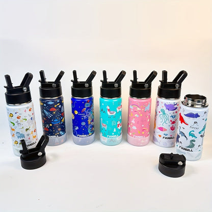 FIANSILL 16oz Stainless Steel Water Bottle with Flip-Up Straw Lid, Wrist Strap, Carabiner and Eight Prints
