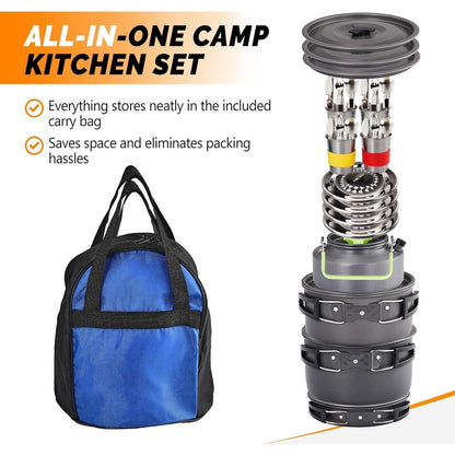 Camping Cookware Set, 19- or 27-Piece Coated Aluminum Mess Kit with Pot, Pan, Kettle, Cups, Plates and Cutlery
