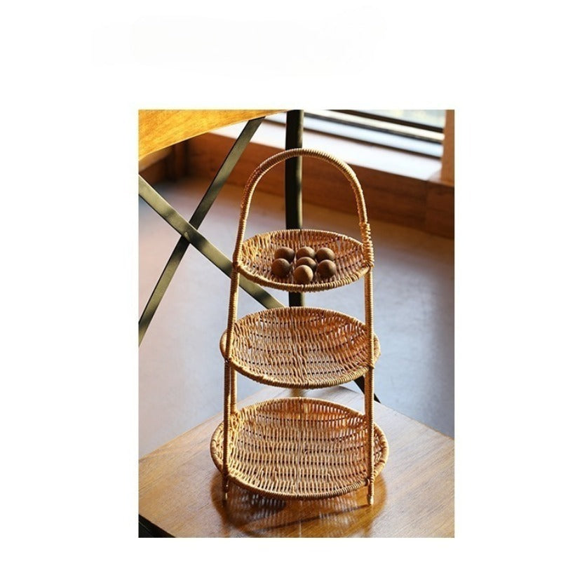 Round Tiered Serving Tray with Woven-Look Frame in Single- or Two-Layer Light Coffee Configurations