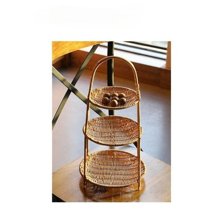 Round Tiered Serving Tray with Woven-Look Frame in Single- or Two-Layer Light Coffee Configurations