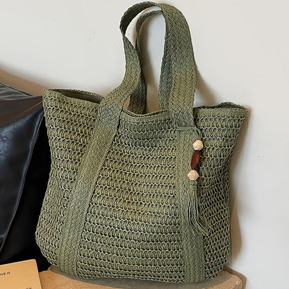 Straw Woven Tote Bag for Women with Tassel, Large Beach Storage and 3 Natural Color Options
