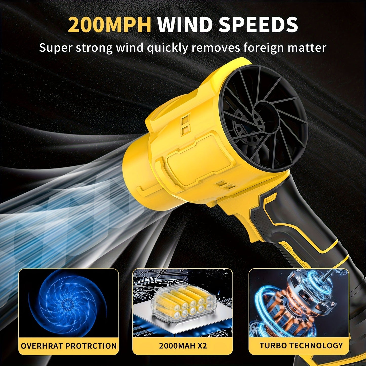 20V Cordless Leaf Blower with 50, 000 RPM Marking, Yellow or Green Body and Six Dual-Battery Package Options