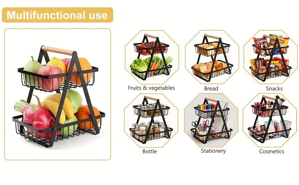 Fruit Basket Kitchen Organizer 2 or 3 Tier Metal Stand with Removable Wooden Handles for Countertop