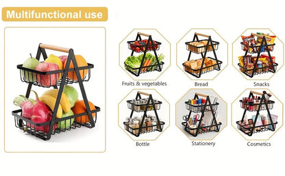 Fruit Basket Kitchen Organizer 2 or 3 Tier Metal Stand with Removable Wooden Handles for Countertop