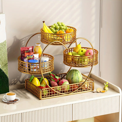 Three-Tier Gold-Tone Wire Fruit Basket with Three Round Bowls and Rectangular Countertop Base