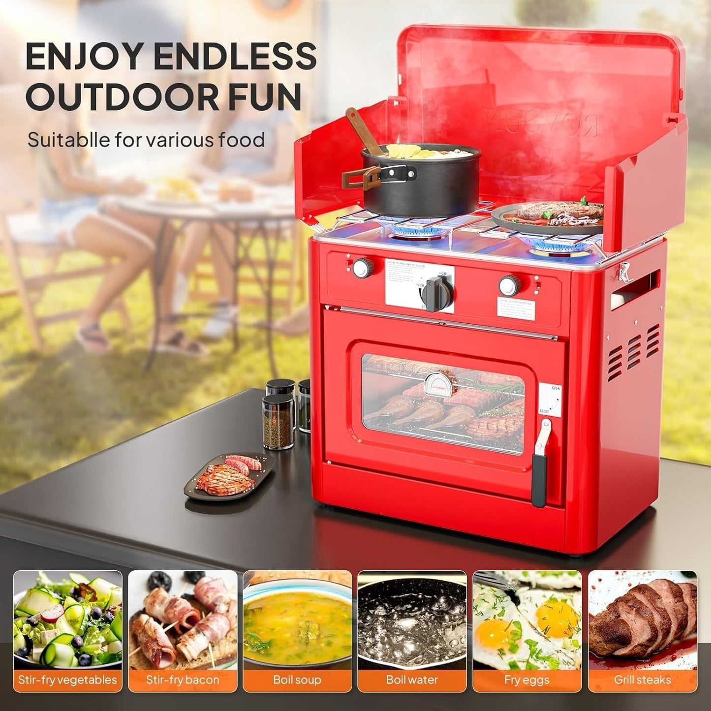 Portable Propane Griddle and Burner Camping Stove with Four Color Labels and 23.23-Inch Closed Width
