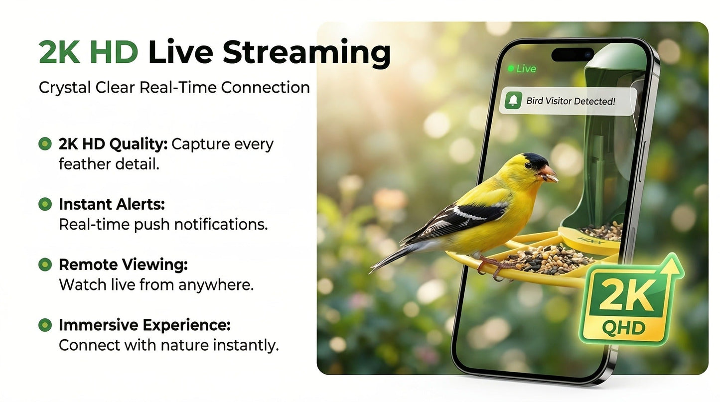 Smart Bird Feeder with Camera AI Bird Identification, 2K HD Live View, Auto Capture & Color Night Vision