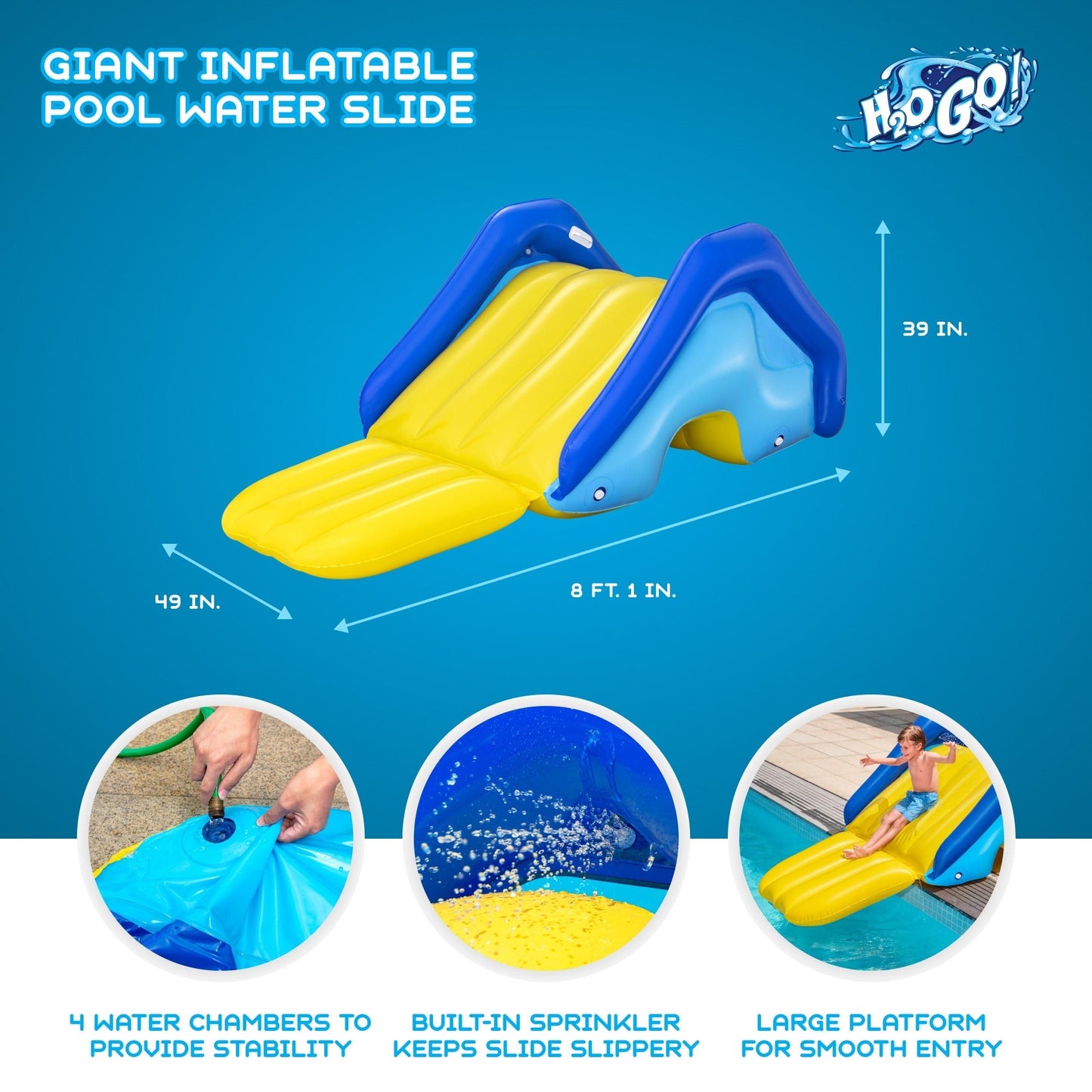 Inflatable Pool Water Slide Giant, 97x49x39 Inch Backyard Waterslide with Built-In Sprinkler, 4 Water Chambers for Stability