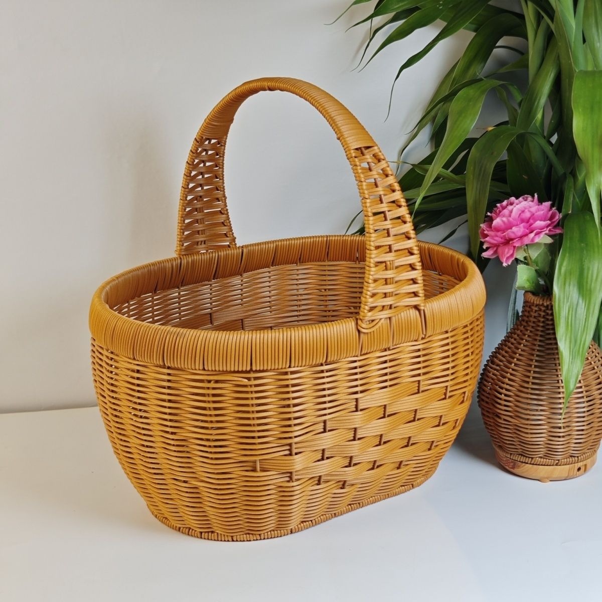 Rattan Basket Woven Shopping Basket with Handle – Extra Large Handcrafted Picnic Basket for Fruits, Eggs, Vegetables