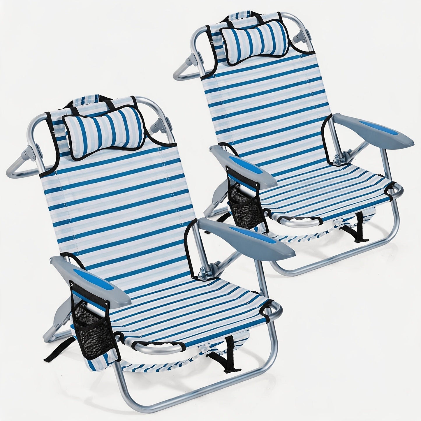 Folding Beach Chair Lay Flat Camping Chair for Adults 4 Position Adjustable Backpack Chair with Cup Holder Towel Bar Cooler Pouch