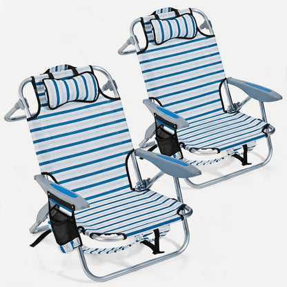 Folding Beach Chair Lay Flat Camping Chair for Adults 4 Position Adjustable Backpack Chair with Cup Holder Towel Bar Cooler Pouch
