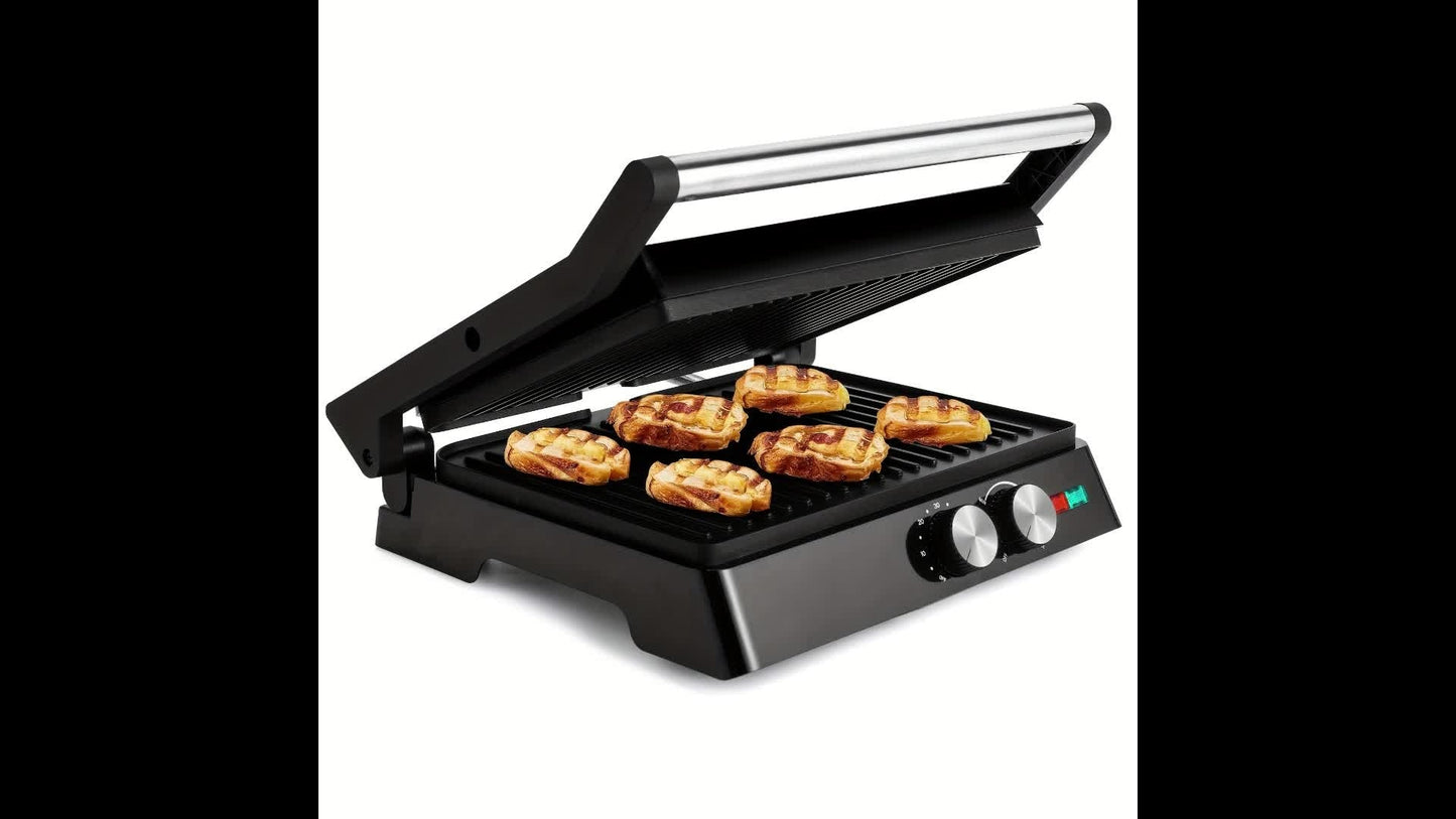 Sandwich Maker 3-in-1 Mini Indoor Grill & Panini Press, Non-Stick 180° Opening, Floating Hinge, 60-Min Timer