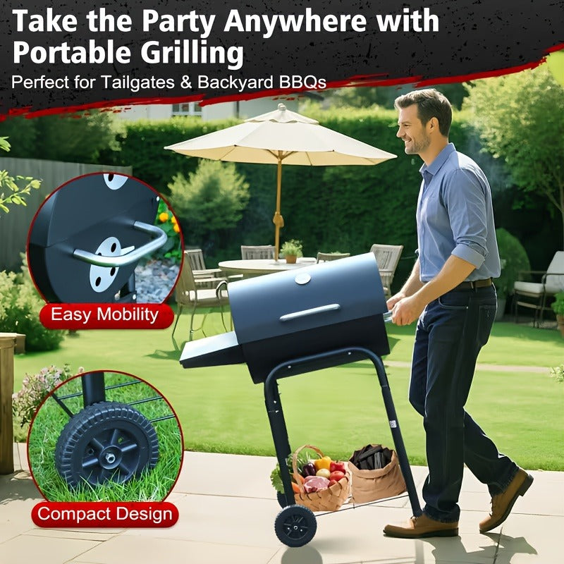 Barrel Charcoal Grill with Offset Smoker, Wheeled Cart, Side Firebox and Two Black Configuration Options