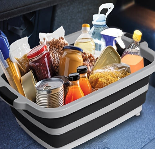 Collapsible Three-in-One BBQ Prep Tub with Cutting Board, Washing Basket, Drain Plug and Locking Lid in Black