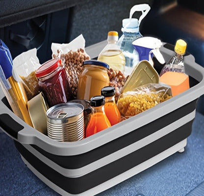Collapsible Three-in-One BBQ Prep Tub with Cutting Board, Washing Basket, Drain Plug and Locking Lid in Black