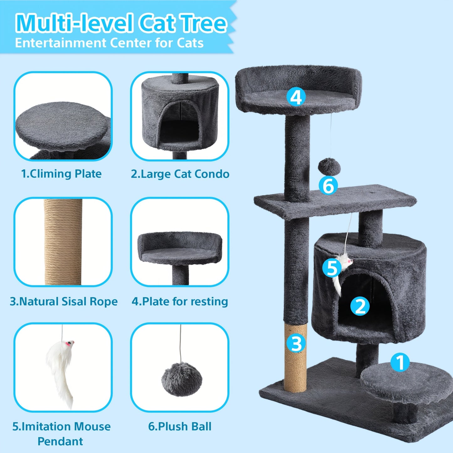 Cat Tree for Large Cats, Tower Multi-Level with Cat Bed, Condo & Sisal Scratching Post – 3 or 4 Tier Indoor Cat Tree for Large Cats