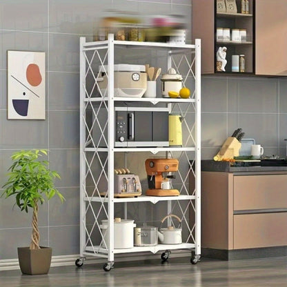 Rolling Foldable Metal Storage Shelf with Three-, Four- or Five-Tier Options in Black or White