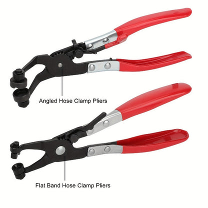 Two-Piece Hose Clamp Pliers Set with Flat and Angled Swivel Jaws, Red Handles and Pictured 22 cm Length