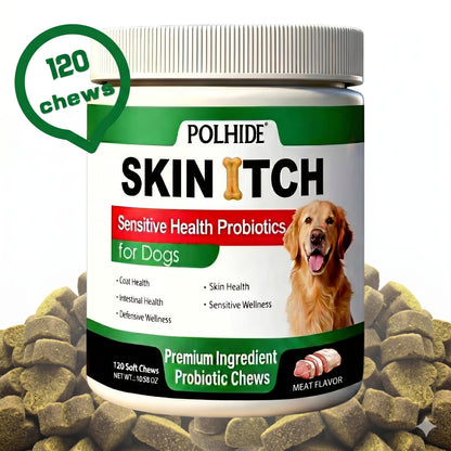 Dog Gut Health Probiotic Chews 120 Count – Yeast Supplement for Sensitive Stomach, Coat & Intestinal Wellness, Soft Meat Flavor