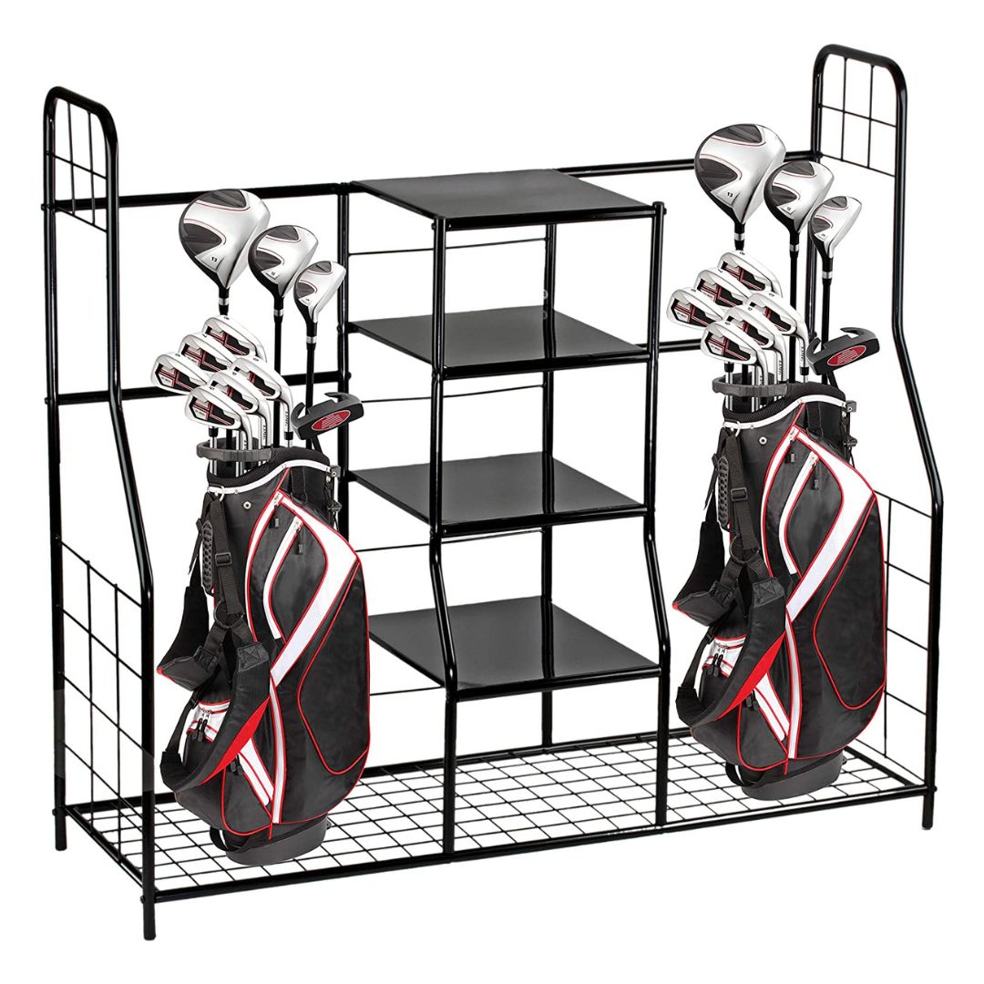Golf Bag Storage Rack Organizer Steel Dual Bag Holder with 4 Shelves for Clubs Balls Shoes Accessories Garage Basement Home Golf Equipment