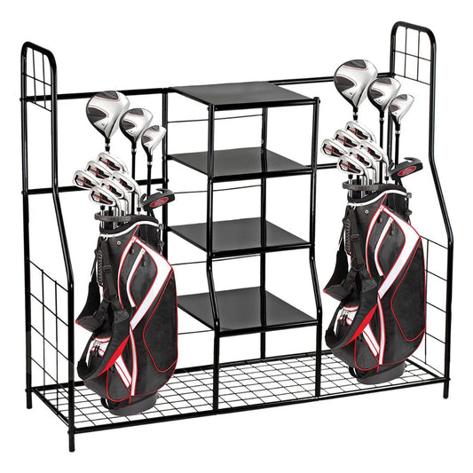 Golf Bag Storage Rack Organizer Steel Dual Bag Holder with 4 Shelves for Clubs Balls Shoes Accessories Garage Basement Home Golf Equipment