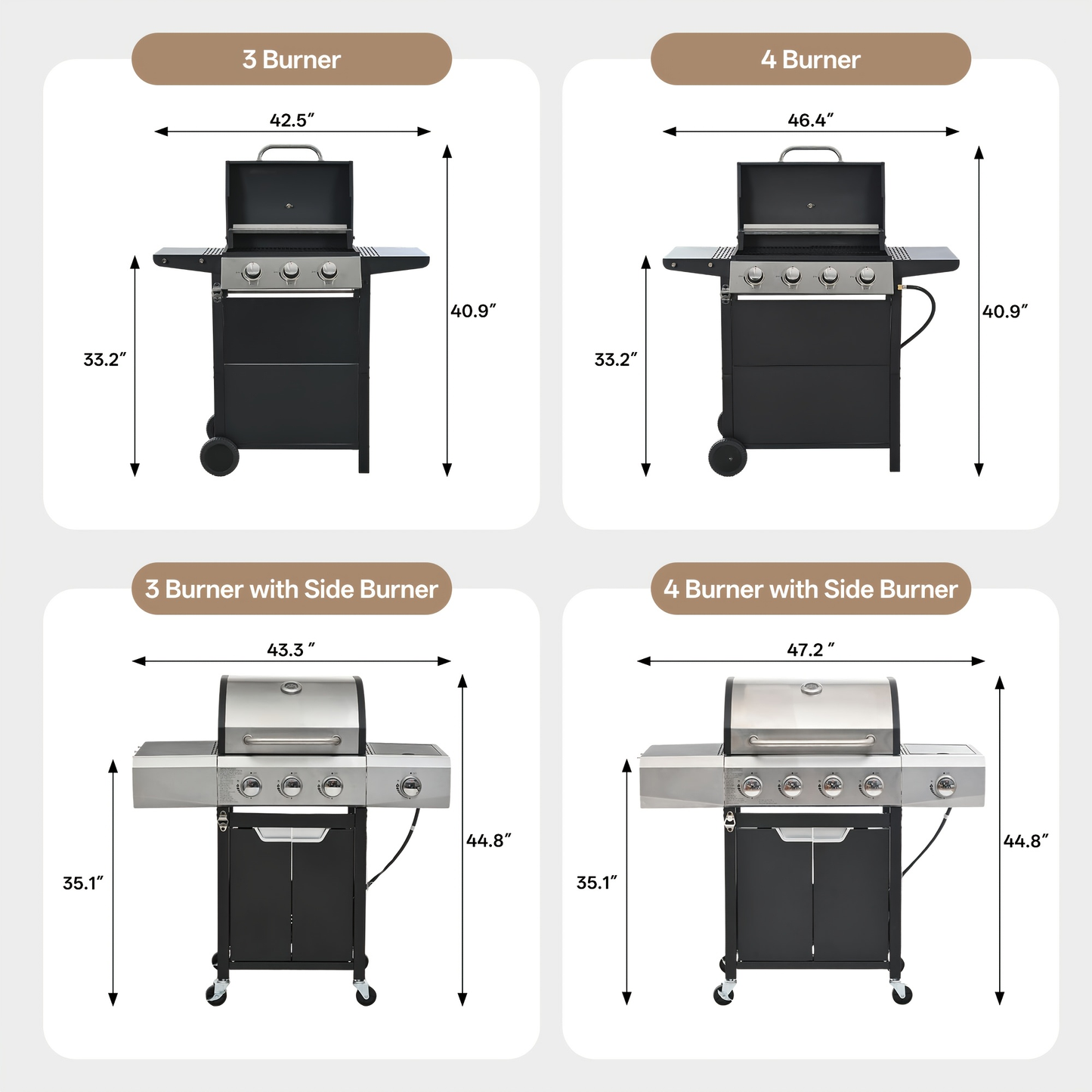Propane Gas Grill Stainless Steel 3 & 4 Burner Outdoor BBQ Grill with Side Burner, Grill Cover & 344 Sq In Cooking Surface