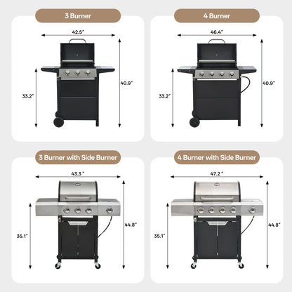 Propane Gas Grill Stainless Steel 3 & 4 Burner Outdoor BBQ Grill with Side Burner, Grill Cover & 344 Sq In Cooking Surface