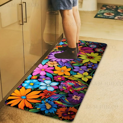 Kitchen Mat Floral Design, Rectangular Rug, 100% Polyester Floor Mat for Kitchen, Bathroom, Laundry Room