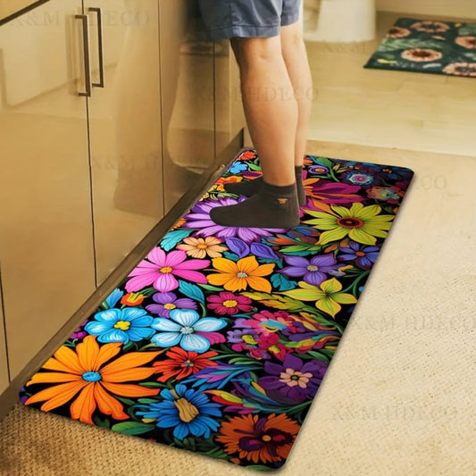 Kitchen Mat Floral Design, Rectangular Rug, 100% Polyester Floor Mat for Kitchen, Bathroom, Laundry Room