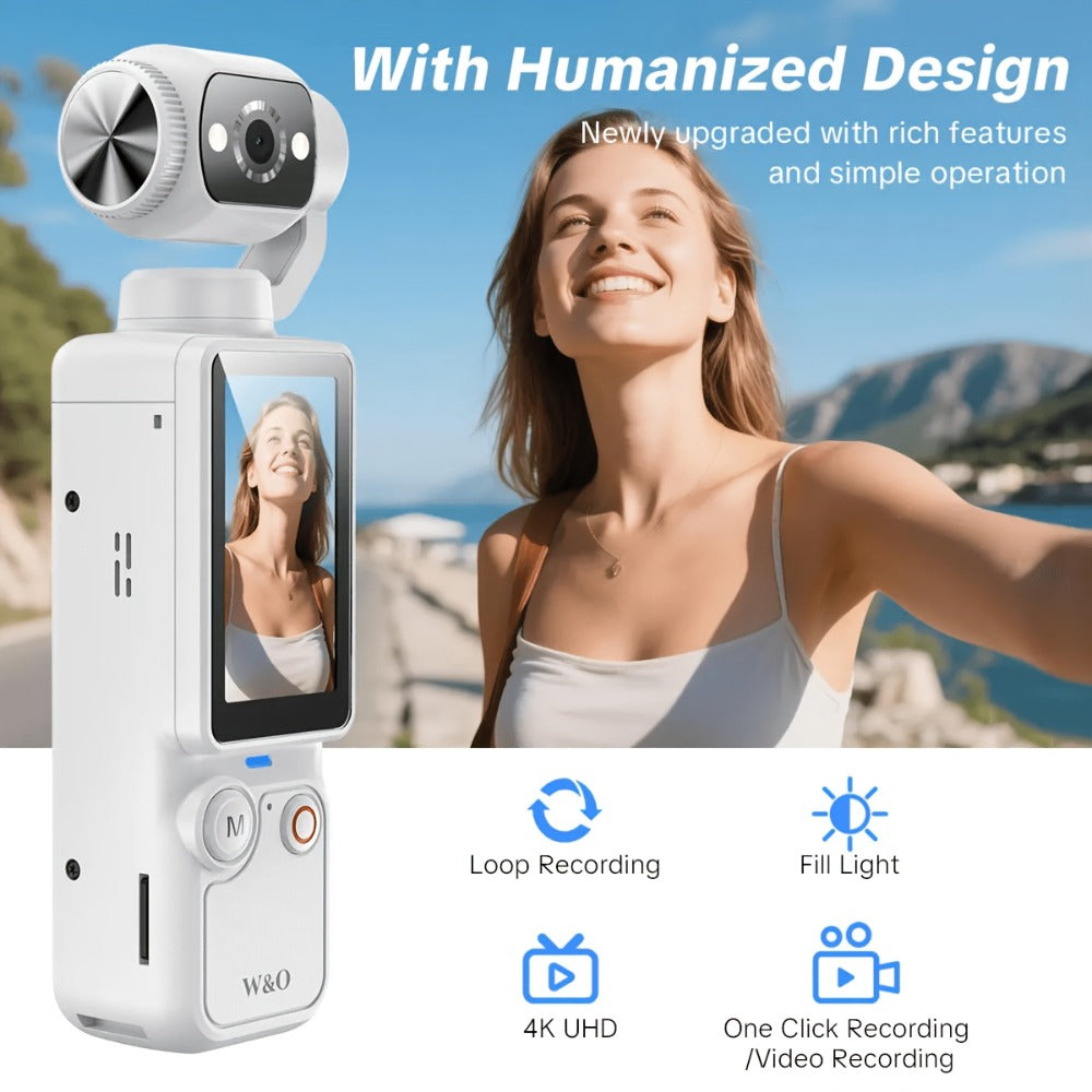 UHD Pocket Camera with 180° Rotating 1.9" Screen, 2000mAh Battery, Webcam Function, USB-C Charging, 32GB Memory Card Included
