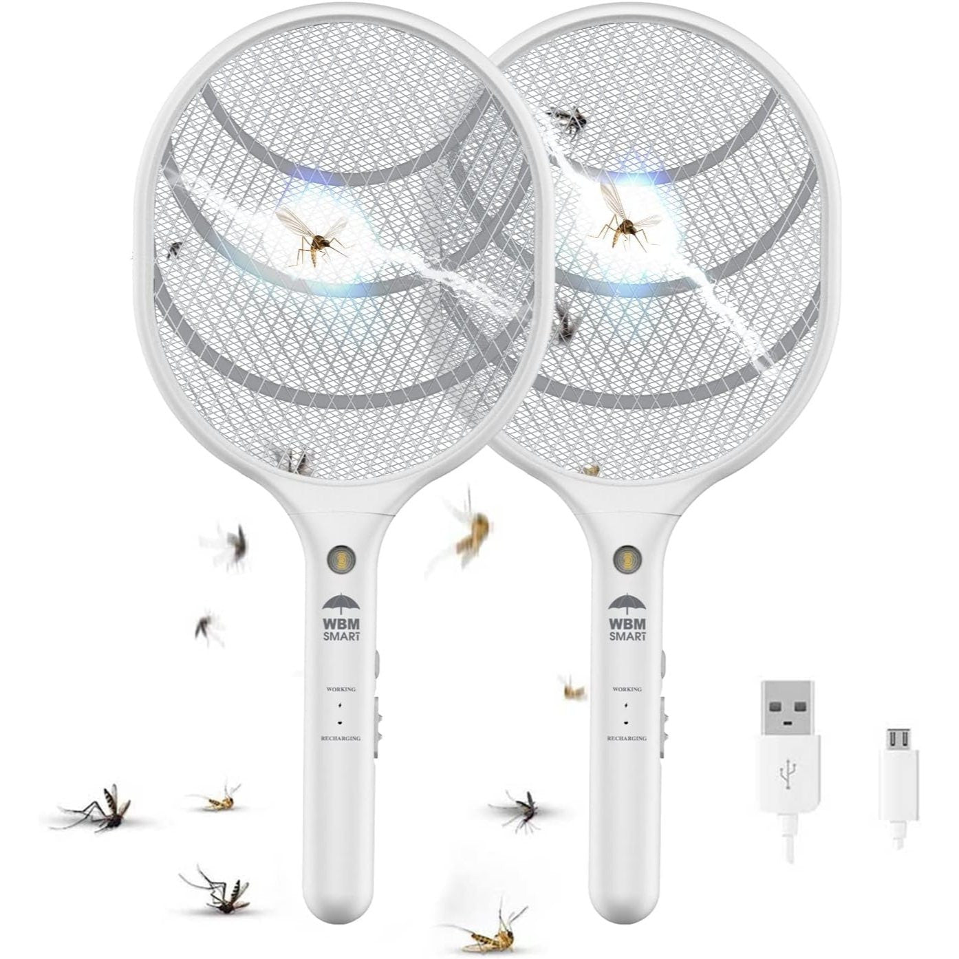 Electric Fly Swatter Racket Rechargeable 2-Pack, 3000V Bug Zapper with LED Light, USB Charging