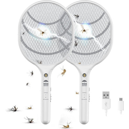 Electric Fly Swatter Racket Rechargeable 2-Pack, 3000V Bug Zapper with LED Light, USB Charging