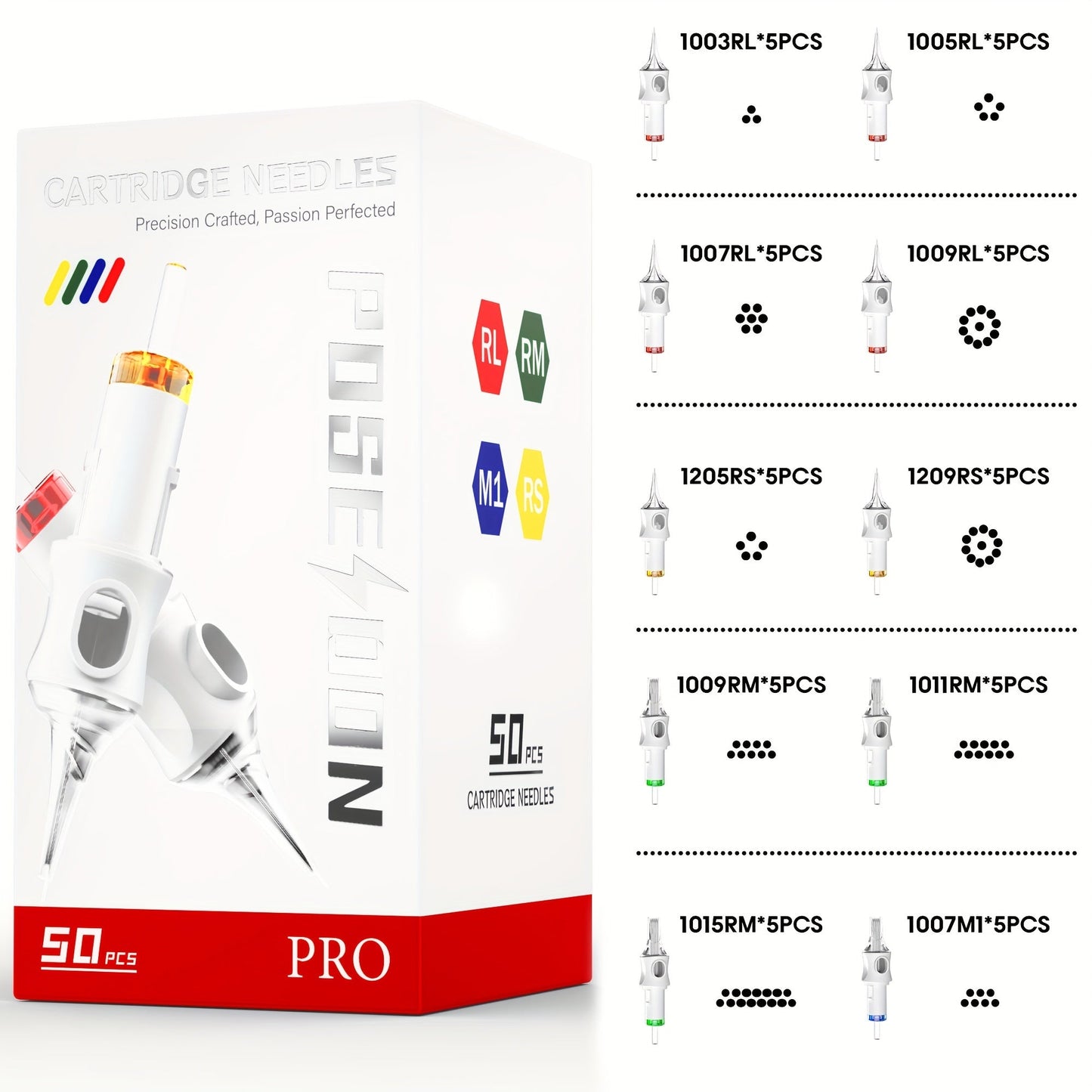 Tattoo Cartridge Needles 50pcs Mixed Size Set - Poseidon V6 Assorted Round Liner Shader for Temporary Body Art, Festivals and Costumes