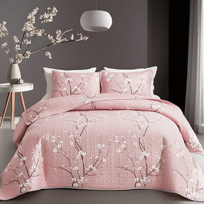 Plum Blossom Quilted Bedspread Set Machine Washable Soft Breathable Hypoallergenic Comforter with Pillowcases Twin Full Queen King Size