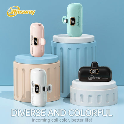 Power Bank 5000mAh Mini USB-C Plug-In Style with Digital Display in Pink or White for Travel