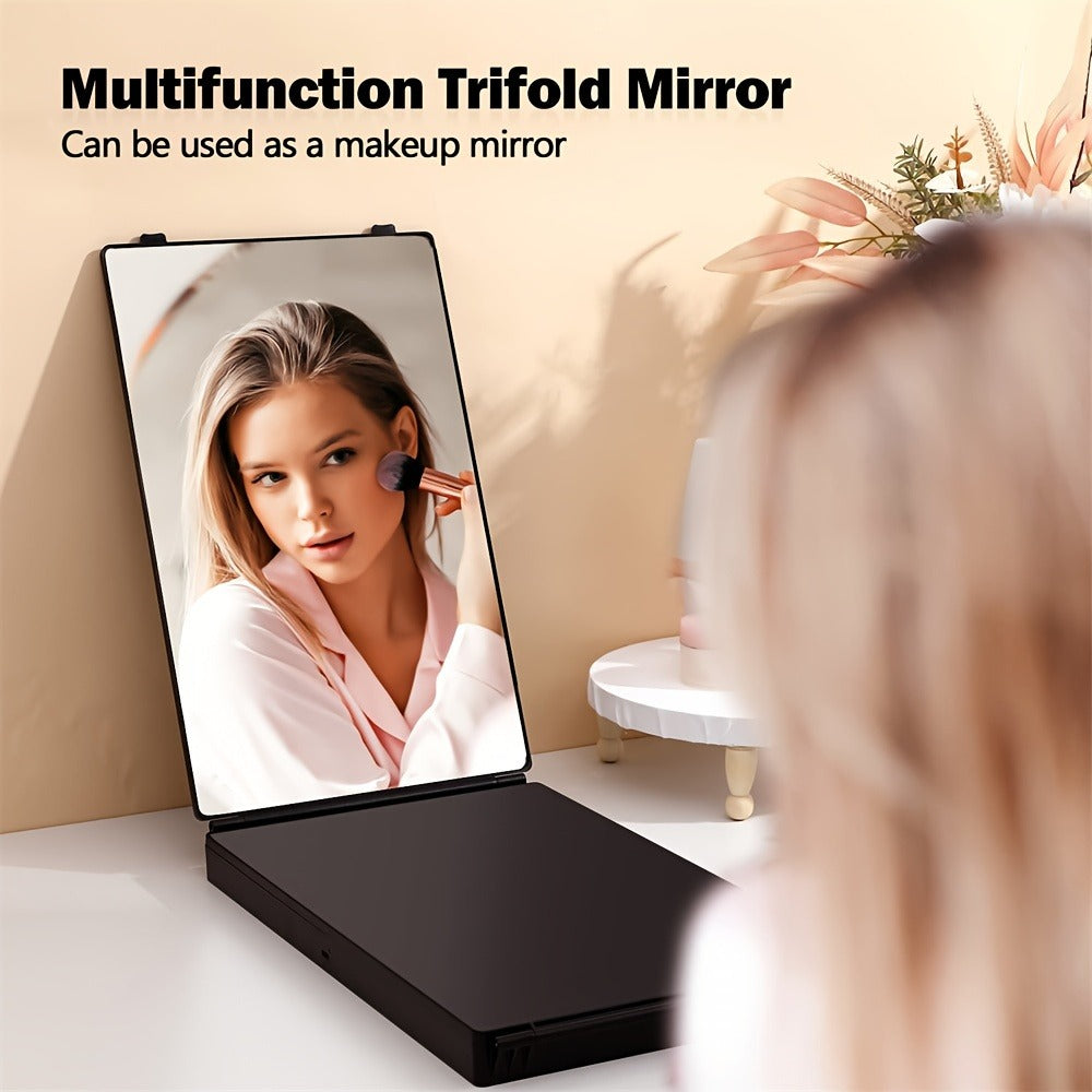 Hair Cutting Mirror 3 Way with LED Light – 360° View Trifold Barber Mirror, Adjustable Height, Door Hang Wall Mount or Tabletop