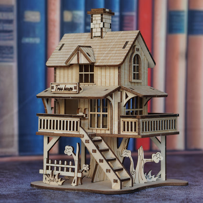 3D Wooden Tree House Puzzle Model Kit with 17 x 12.5 x 11.5 cm Display Size and Detailed Cabin Architecture