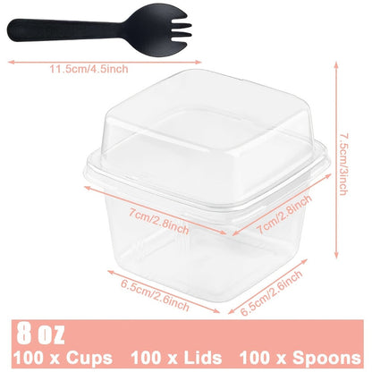 Disposable Dessert Cups 100pcs 8oz Square Clear Plastic with Lids & Sporks, Cake Cups for Pudding