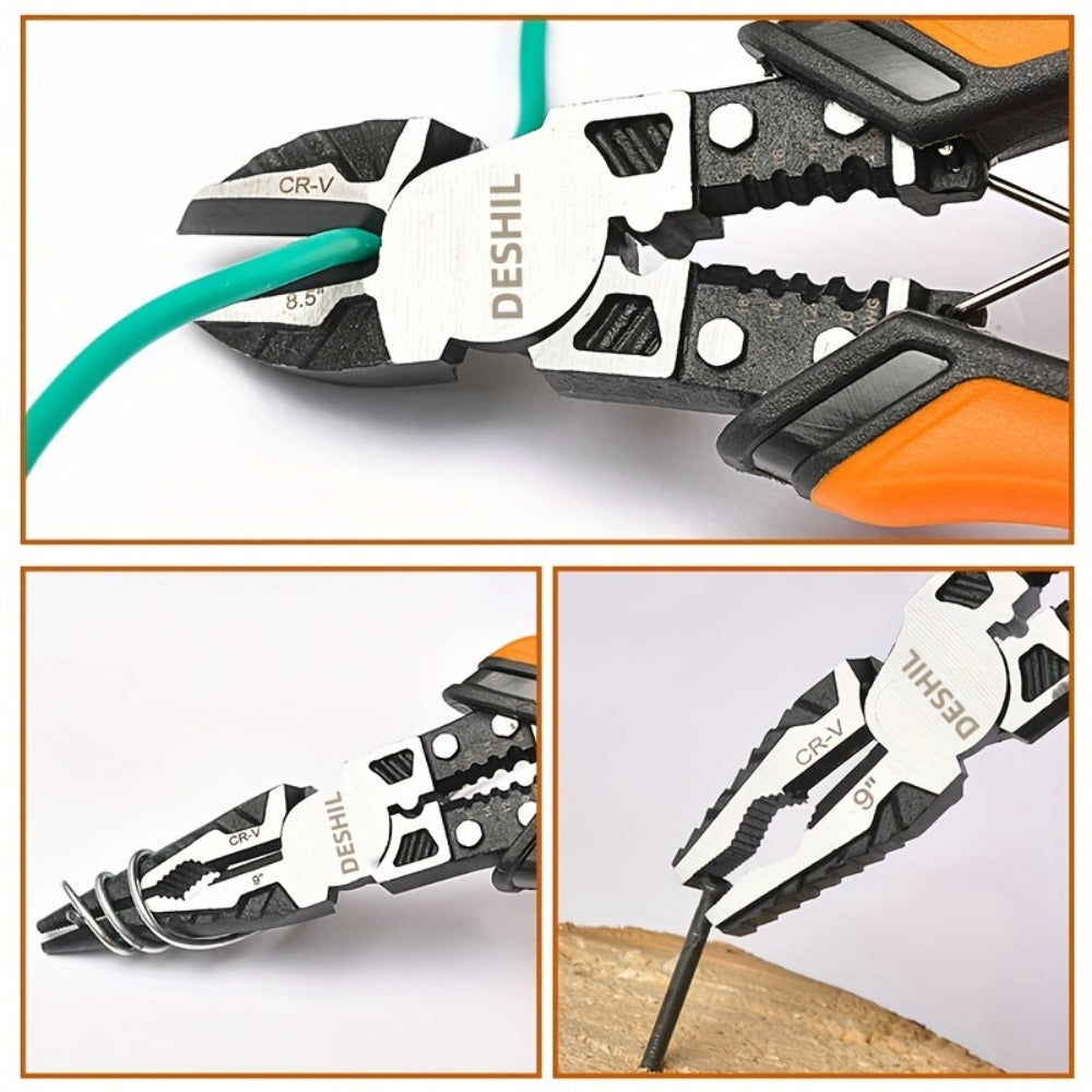 Pliers Set 9-in-1 Multi-Function Industrial Grade, 8.5" Lineman Pliers, 8.5" Long Nose Pliers, 8" Diagonal Side Cutters