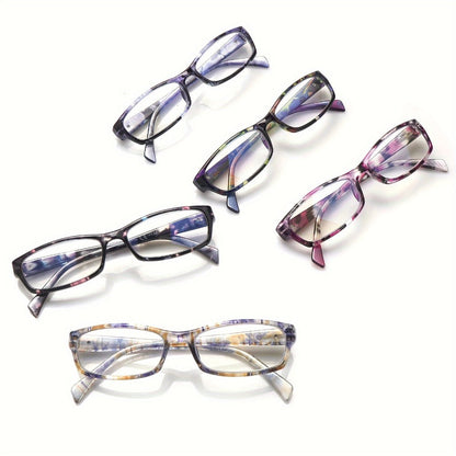 Reading Glasses – Five-Pair Rectangular Set with Spring Hinges and Mixed Colors with Multiple Strength and Color Options