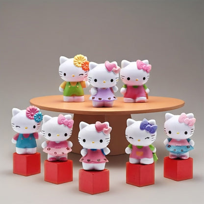 KT Cat Mini Figurine Set 8pcs, Cute Anime Desktop Ornaments Collectible Dolls for Entryways, Bedrooms and Living Spaces