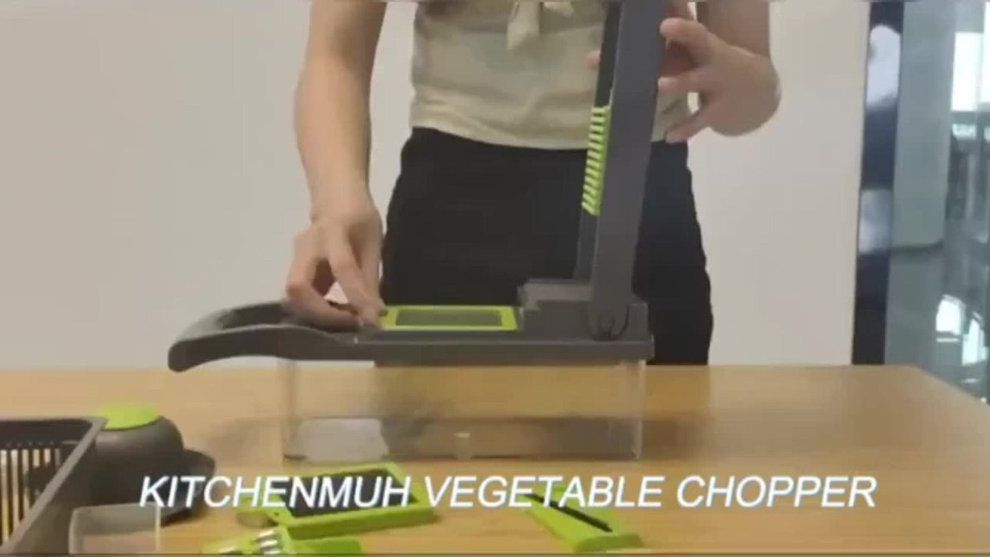 Vegetable Chopper 16-in-1 Manual Food Chopper Set, 8 Stainless Steel Blades, 304 Container, Peeler & Filter