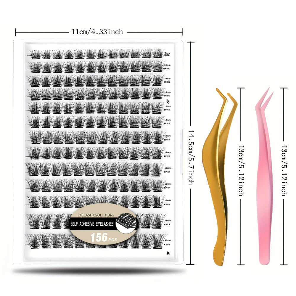 156-Piece Self-Adhesive Lash Cluster Tray with Yellow and Pink Tweezers in NATURAL Style and 14.5cm Case