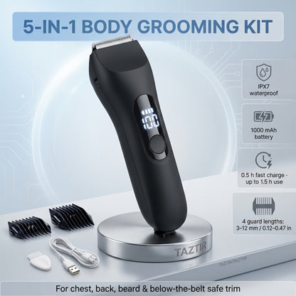 Waterproof Beard Trimmer 5-in-1 Body Grooming Kit for Men IP67 USB Rechargeable Electric Razor with Ceramic Blades LED Display