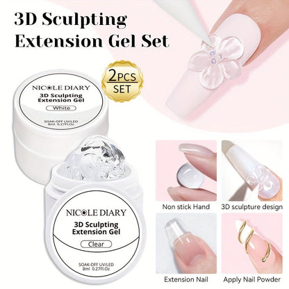 3D Sculpting Builder Gel Kit with Carving Pen – Clear & White Nail Extension Gel for Floral Nail Art, Acrylic Extensions & DIY Salon