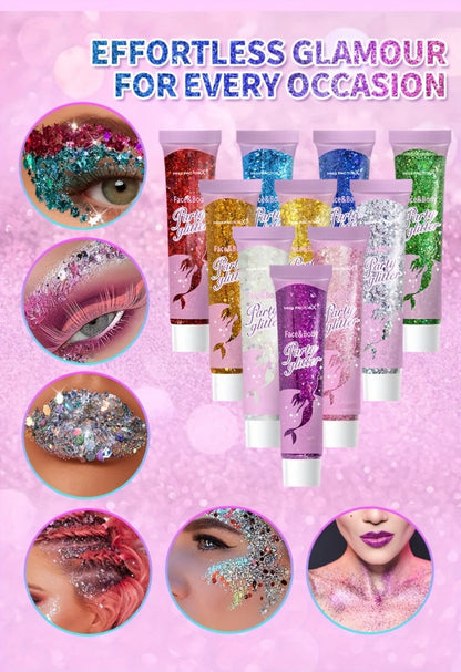 Face Body Glitter Gel Set 30 Pieces – Colorful Shapes Mermaid Sequin Stars Hearts, Transparent Gel Base, Skin-Safe Shimmer Makeup