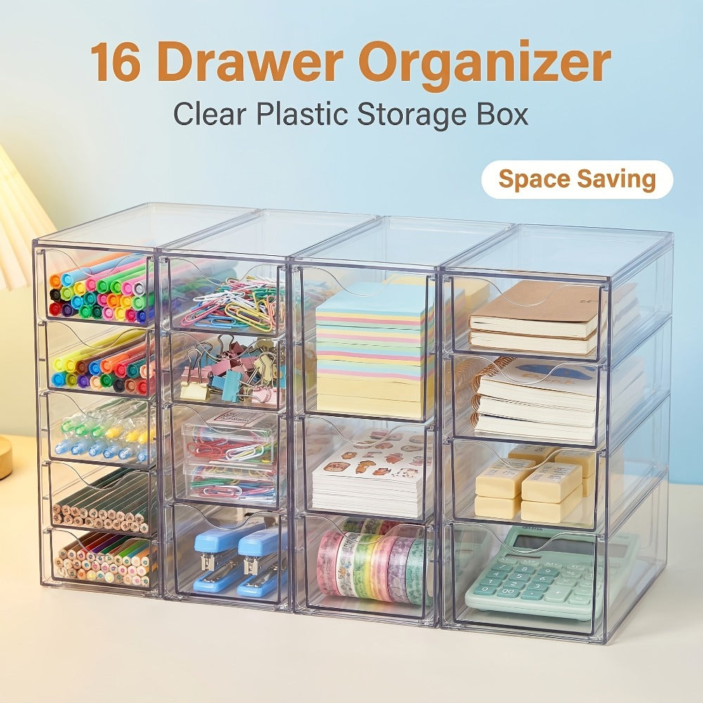 Clear Modular Drawer Organizer with 8- or 16-Drawer Checkout Sets for Office, Makeup and Craft Supplies